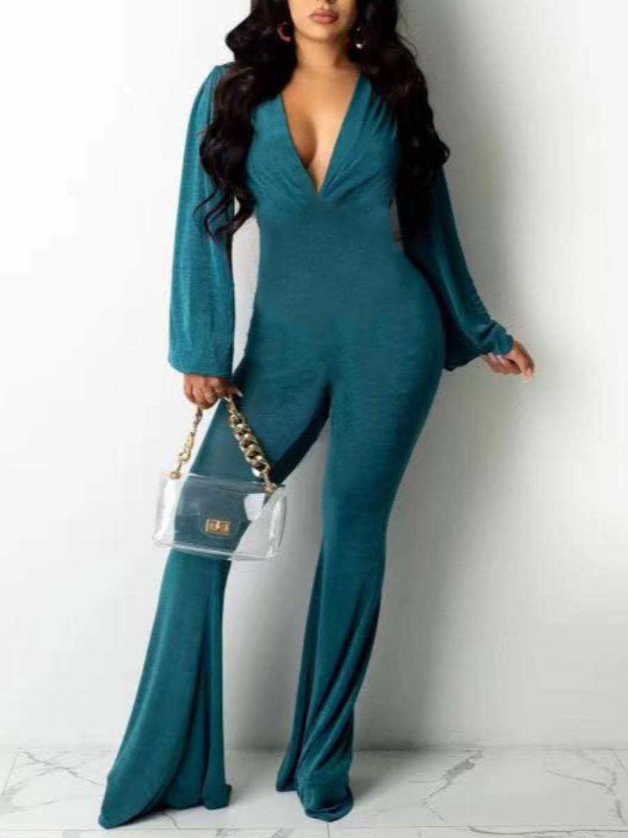 

LW SXY V Neck Boot Cut Jumpsuit, Black green