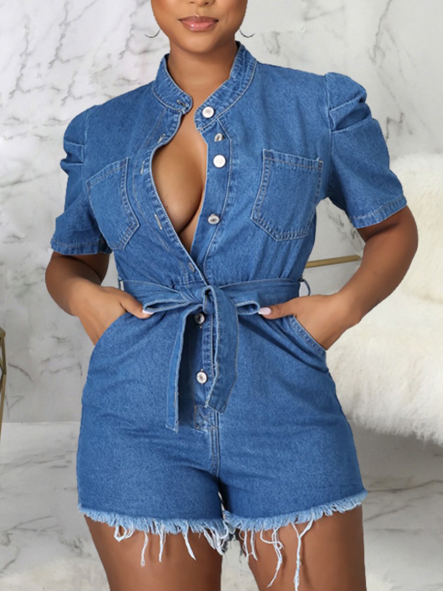 

LW BASICS Raw Edge Bandage Denim Jumpsuit, Blue