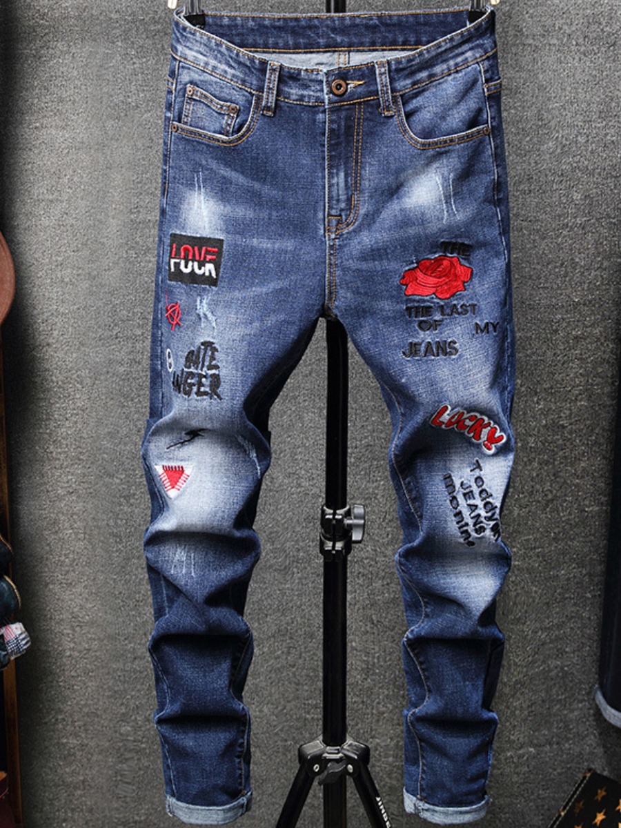 

LW Men Mid Waist Rose Letter Print Jeans, Blue