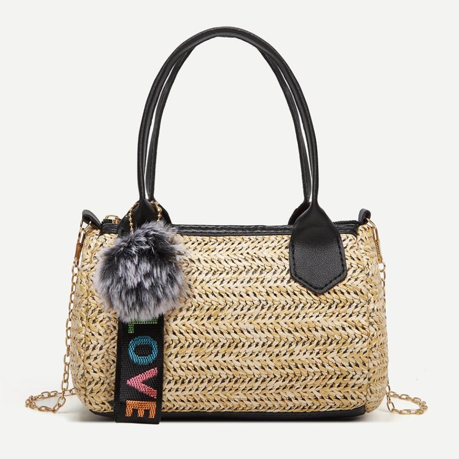 

LW Braided Fluff Ball Decor Messenger Bag, Black