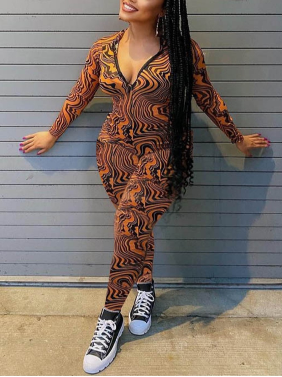 

LW Mixed Print Zipper Design Jumpsuit, Yellow