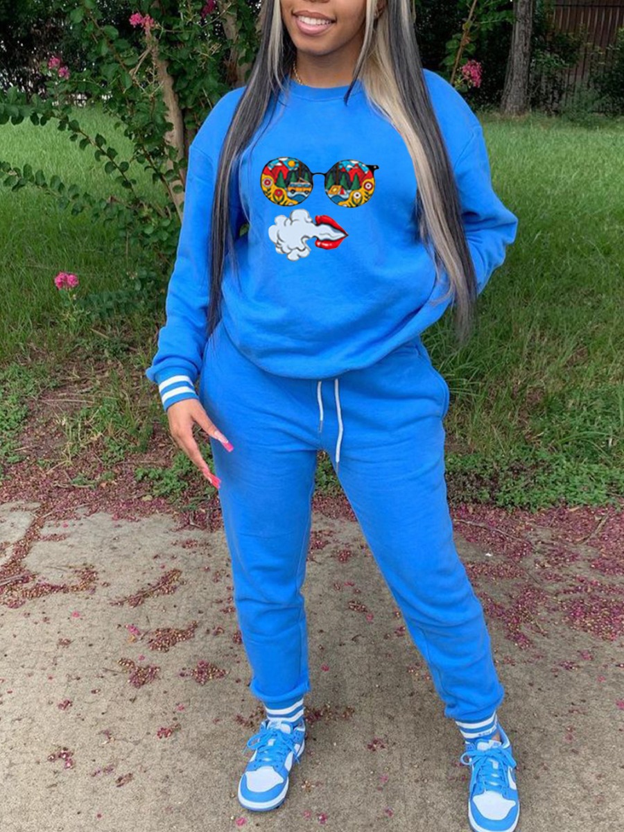 

LW Cartoon Print Striped Tracksuit Set, Blue