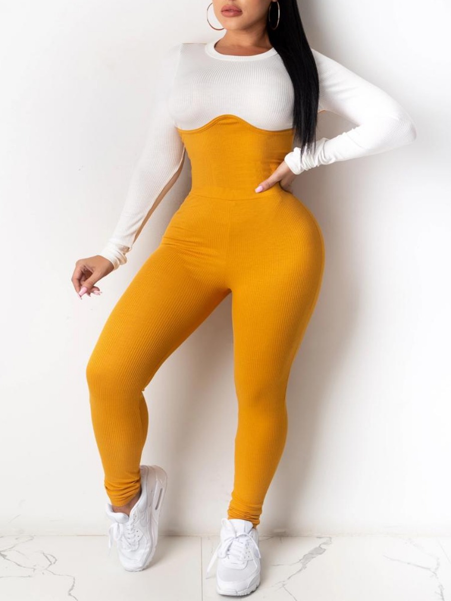 

LW Rib-knit Color-lump Patchwork Jumpsuit, Yellow