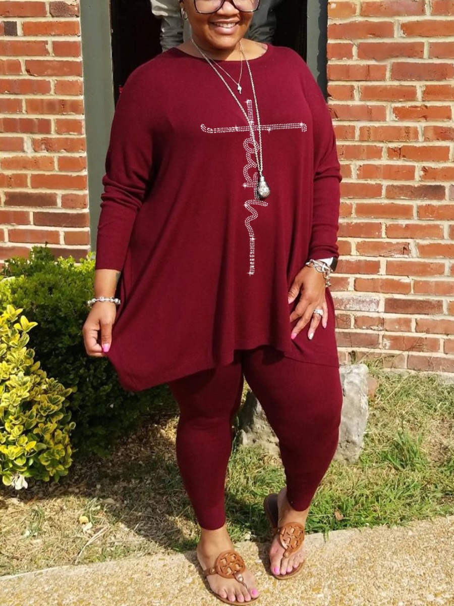 

LW Plus Size Faith Drawing Letter Sequined Pants Set, Wine red