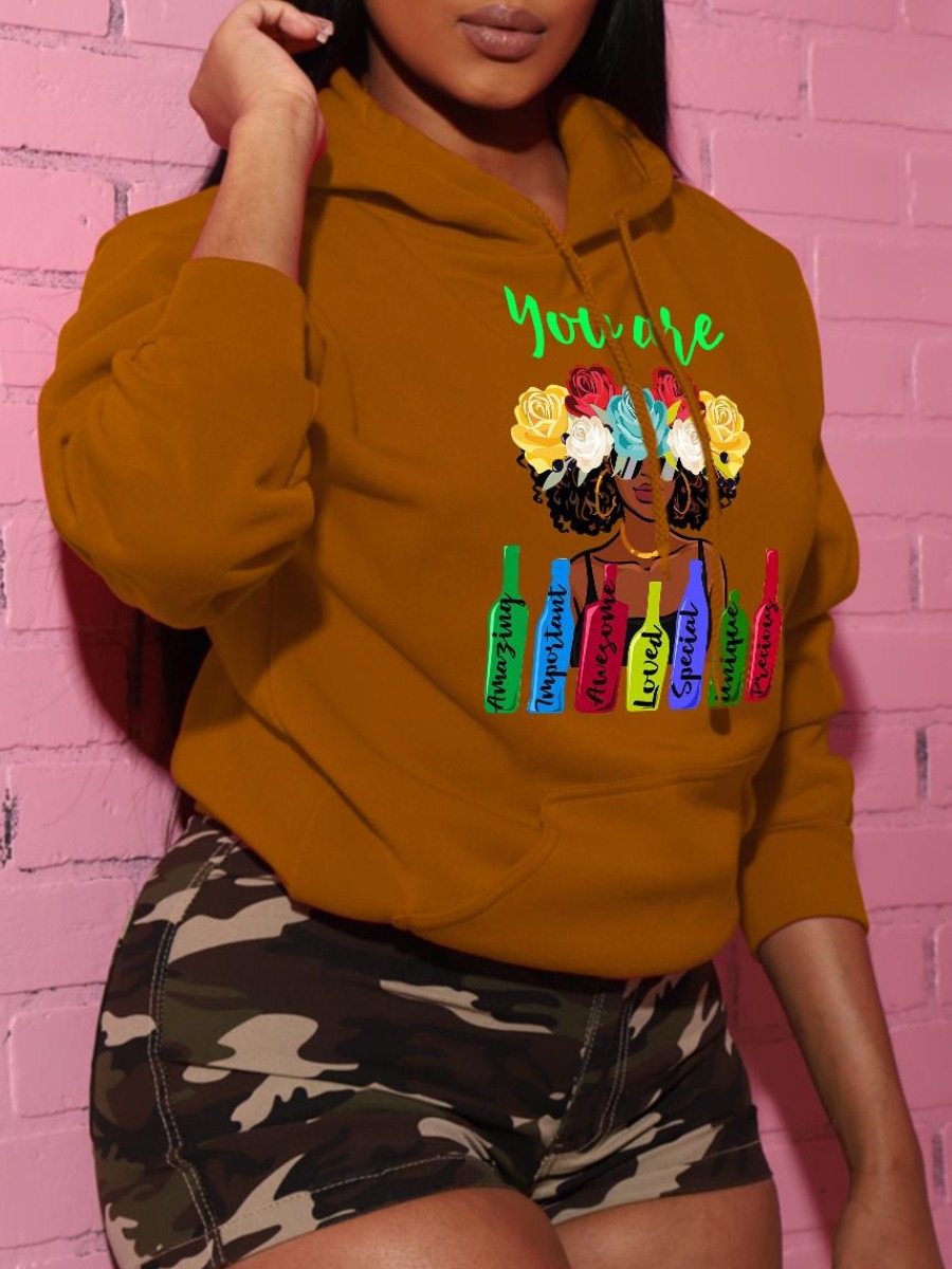

LW Plus Size Letter Figure Print Hoodie, Khaki