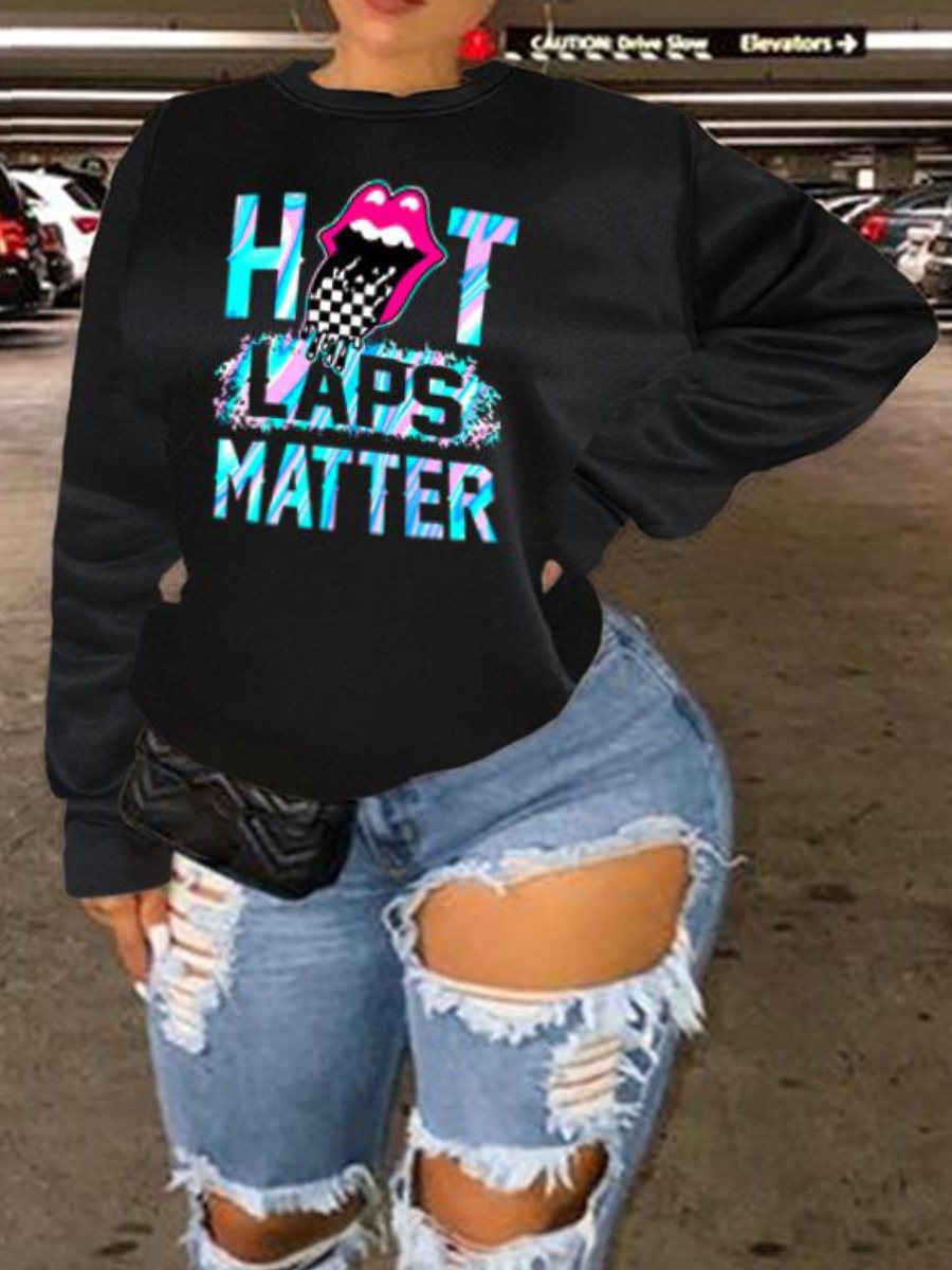 

LW Plus Size Lip Letter Print Sweatshirt, Black