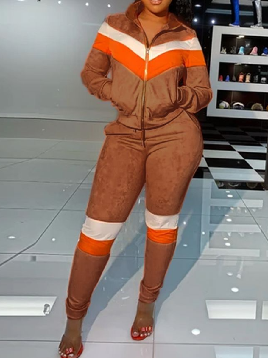 

LW Velvet Color-lump Kangaroo Pocket Tracksuit Set, Croci