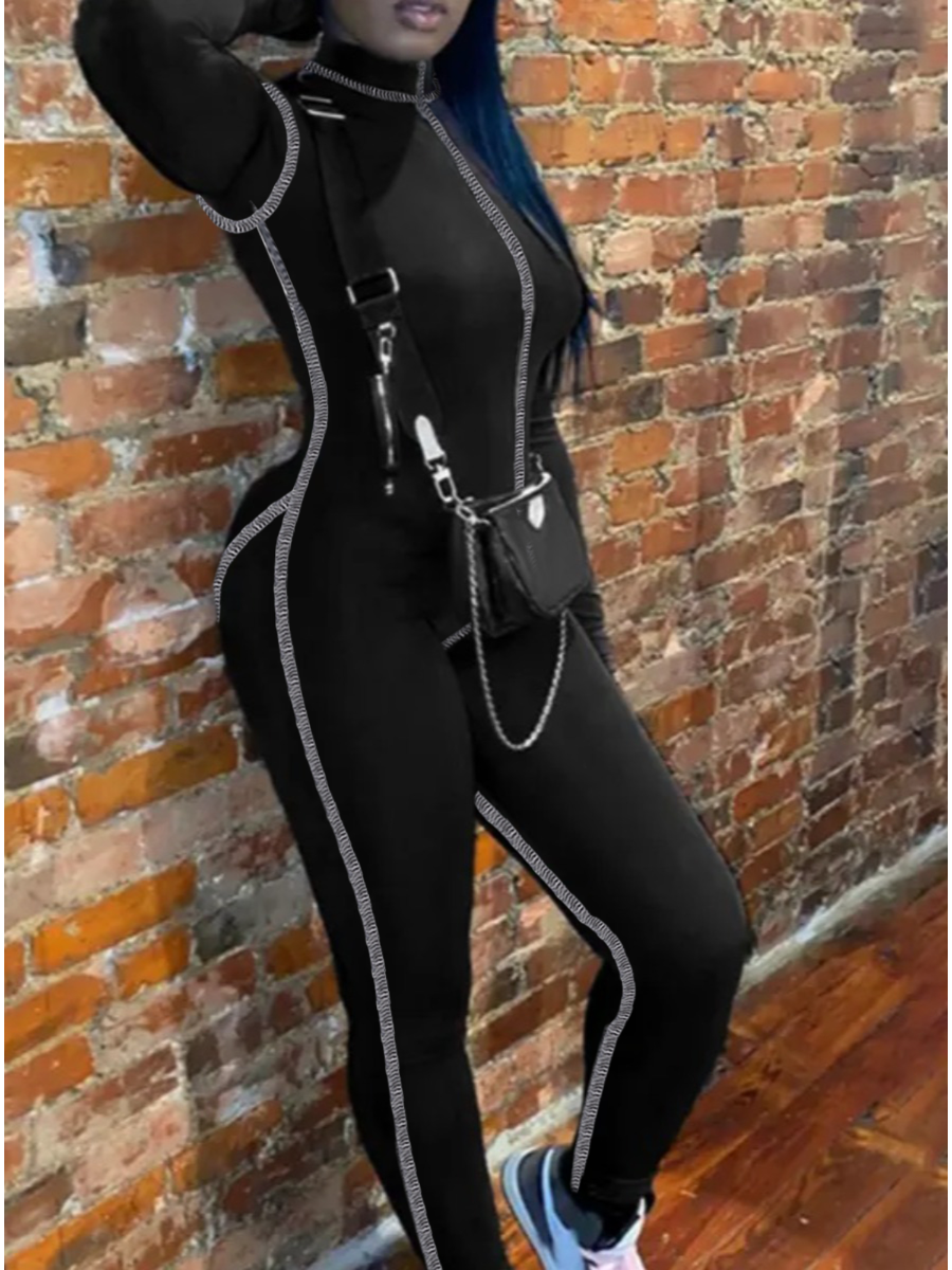 

LW Half A Turtleneck Zipper Design Jumpsuit, Black