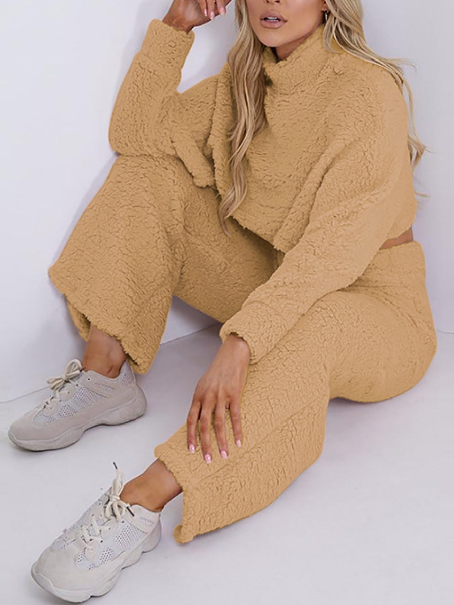 

LW Crop Top Wide Leg Teddy Pants Set, Khaki