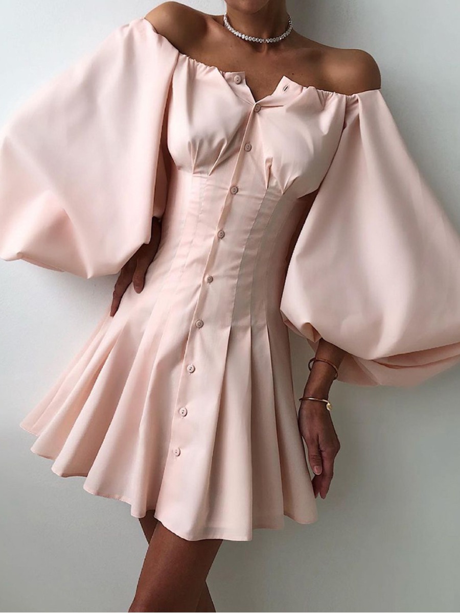 

LW Button Design Pleated A Line Dress, Pink