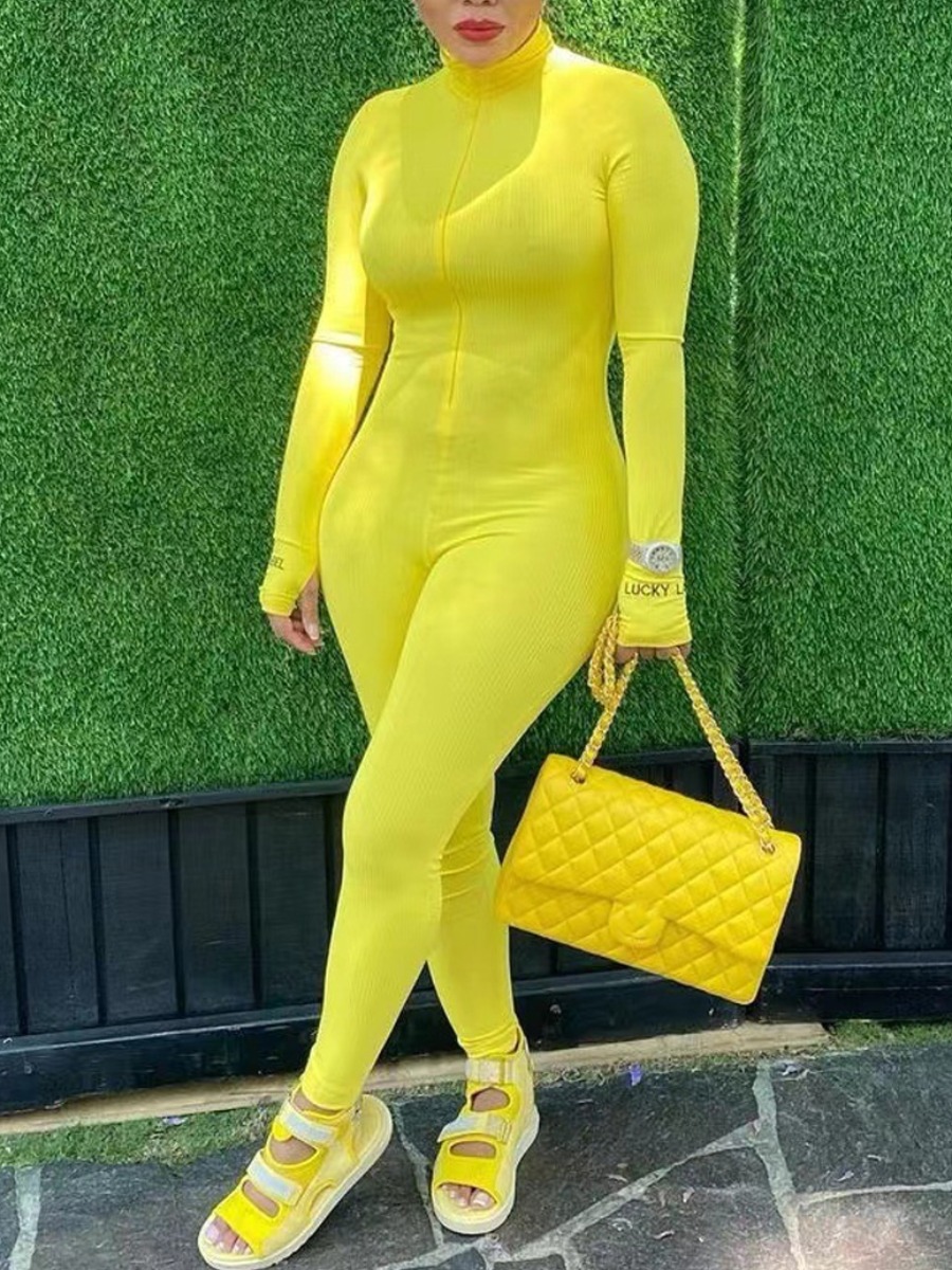 

LW Rib-knit Letter Skinny Jumpsuit, Yellow