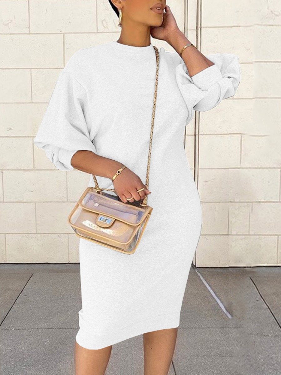 

LW BASICS Round Neck Lantern Sleeve Bodycon Dress, White