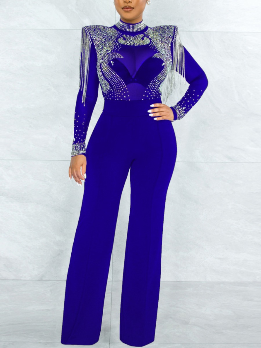 

LW Sequined See-through Tassel Design Jumpsuit, Blue