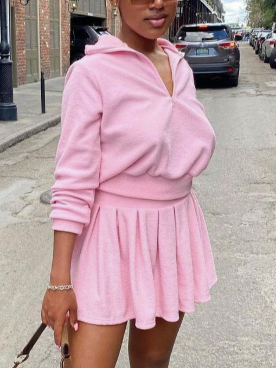 

LW Zipper Design Pleated Tracksuit Skirt Set, Pink