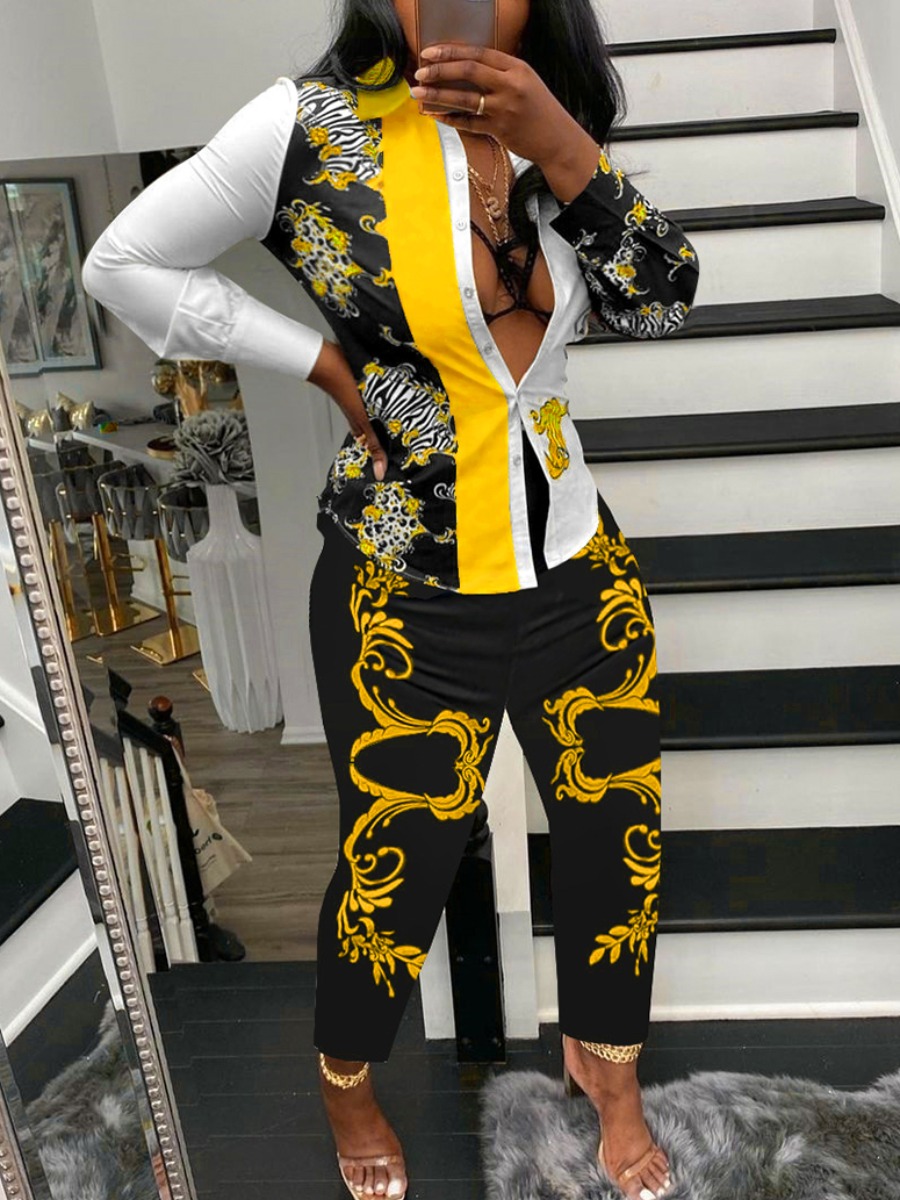 

LW SXY Mixed Print Patchwork Pants Set, Yellow