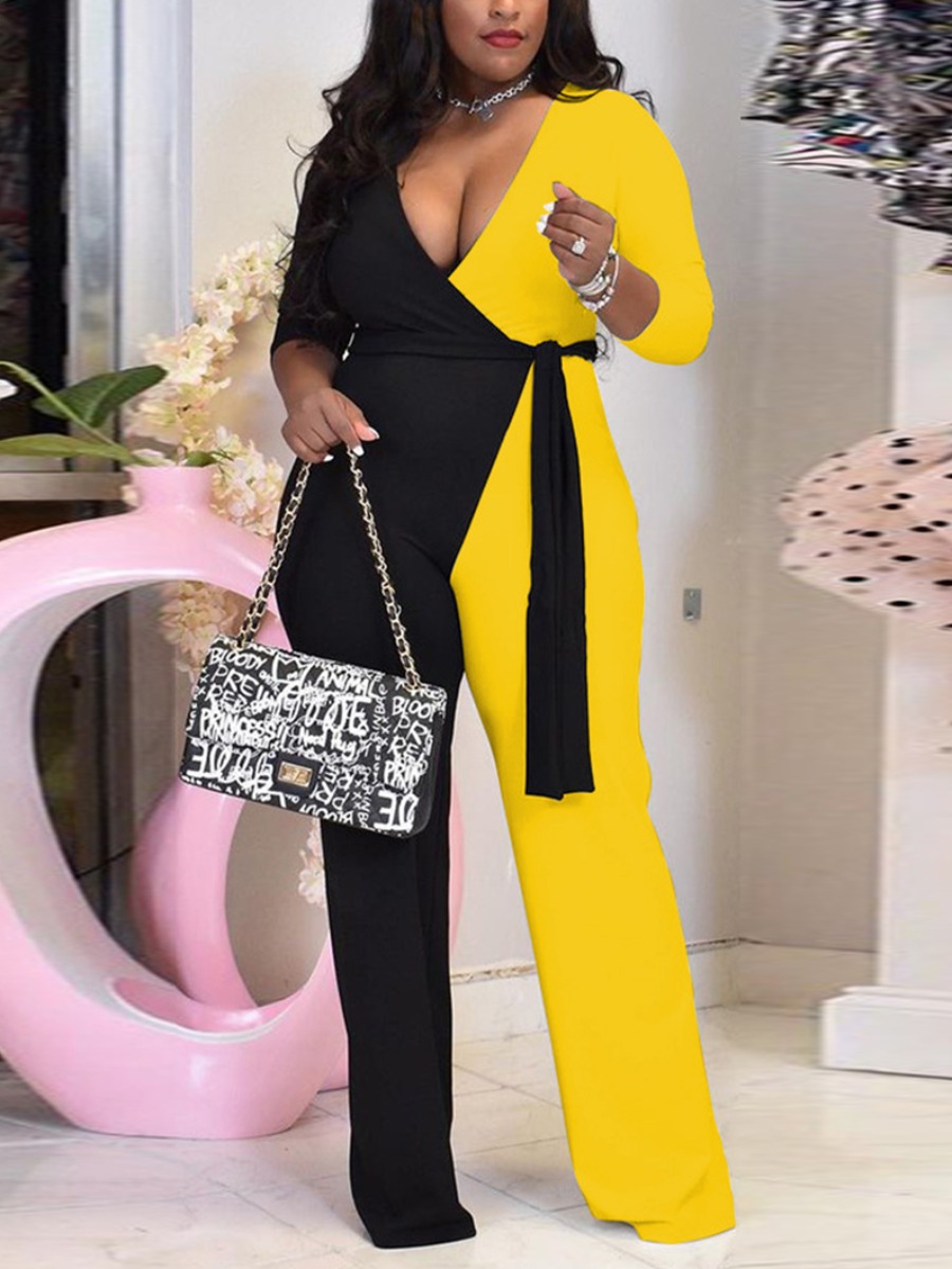 

LW Plus Size V Neck Bandage Patchwork Jumpsuit, Yellow