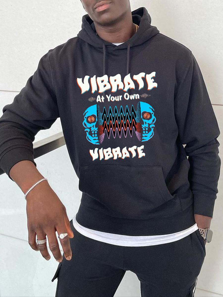 

LW Men Letter Print Kangaroo Pocket Hoodie, Black