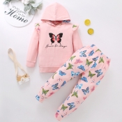LW COTTON Girl Hooded Collar Butterfly Print Pants
