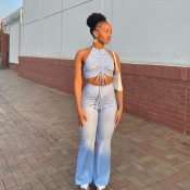 LW Street O Neck Drawstring Baby Blue Two Piece Pa