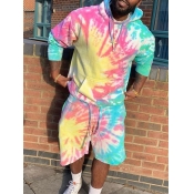 LW Men Hooded Collar Tie-dye Shorts Set