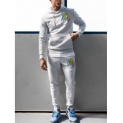 LW Men Cartoon Print Kangaroo Pocket Sweatsuit Set