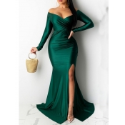 LW Party V Neck Side Slit Green Trailing Prom Dres