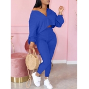 LW Casual Zipper Design Blue Two Piece Pants Set