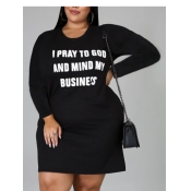 LW BASICS Plus Size Casual O Neck Letter Print Bla