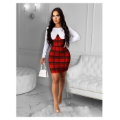 Lovely Casual Plaid Patchwork Red Knee Length Dres