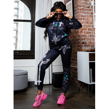 

LW Sportswear Hooded Collar Print Black Two Piece Pants Set