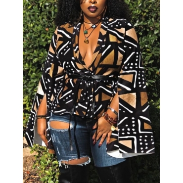 

LW Plus Size Geometric Print Split Sleeve Coat, Brown