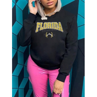 

LW BASICS Round Neck Letter Print Hoodie, Black