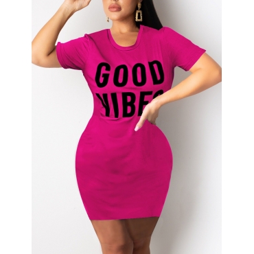 

LW BASICS Round Neck Letter Print Dress, Rose red
