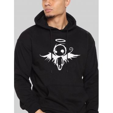

LW Men Hooded Collar Character Print Hoodie, Black