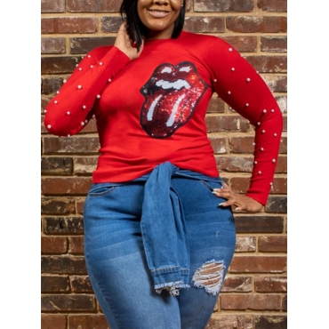 

LW Plus Size Lip Print Pearl Decoration T-shirt, Red