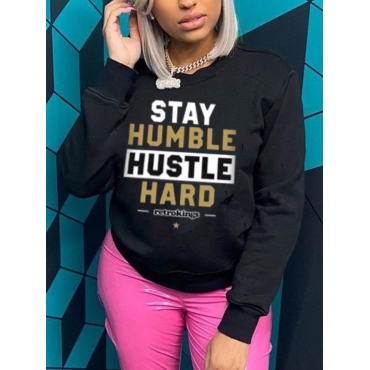 

LW Round Neck Letter Print Hoodie, Black