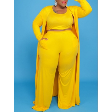 

LW BASICS Plus Size U Neck Wide Leg Three-piece Pants Set, Yellow