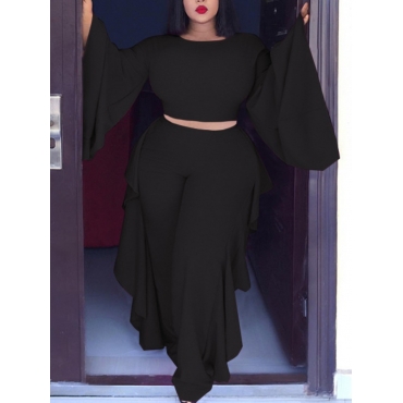 

LW Plus Size Wide Sleeve Flounce Design Pants Set, Black