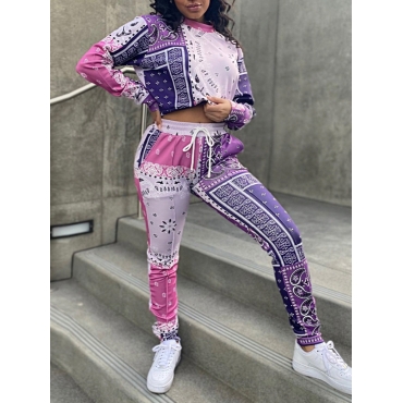 

LW Cashew Print Drawstring Pants Set, Purple