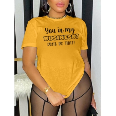 

LW Round Neck Letter Print T-shirt, Yellow