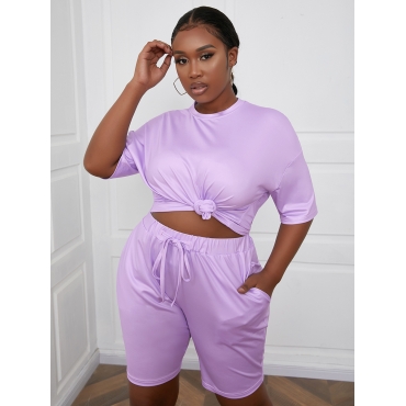 

LW Plus Size Round Neck Drawstring Two-piece Shorts Set, Purple