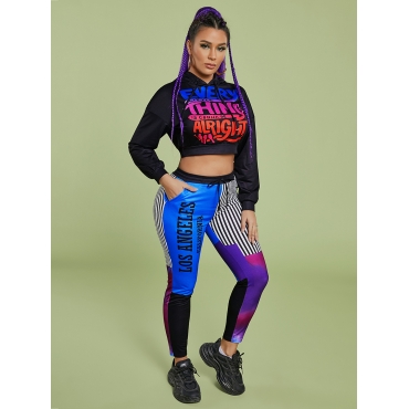 

LW Letter Print Striped Crop Top Sweatsuit Set, Black
