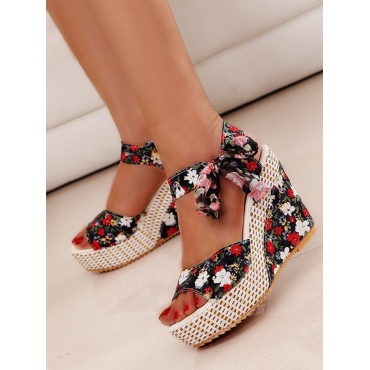 

LW Floral Print Bandage Design Platform Shoes, Black