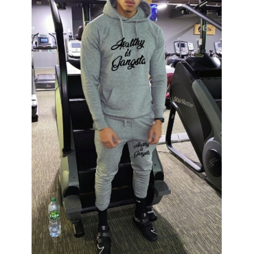 

LW Men Letter Print Kangaroo Pocket Sweatsuit Set, Grey