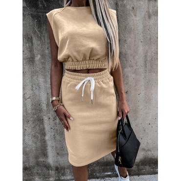 

LW BASICS Round Neck Drawstring Crop Top Skirt Set, Khaki