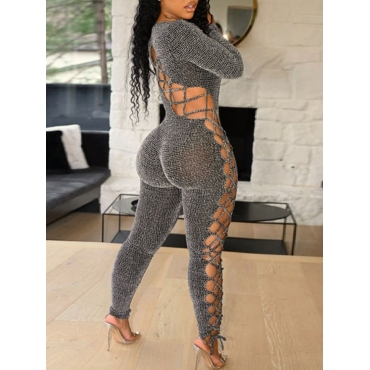 

LW SXY Bandage Hollow-out Design Jumpsuit, Grey