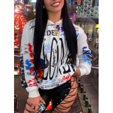 

LW Street Hooded Collar Letter Print White Hoodie(Batch Print)