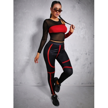 

LW Sportswear Hollow-out Patchwork Red Two Piece Pants Set