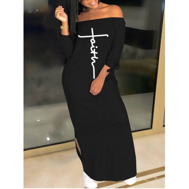 LW Off The Shoulder Faith Drawing Letter Print Slit Dress от Lovelywholesale WW