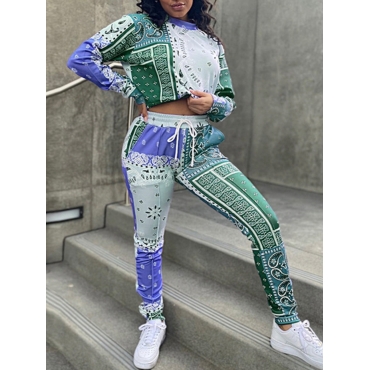 

LW Cashew Print Drawstring Tracksuit Set, Green